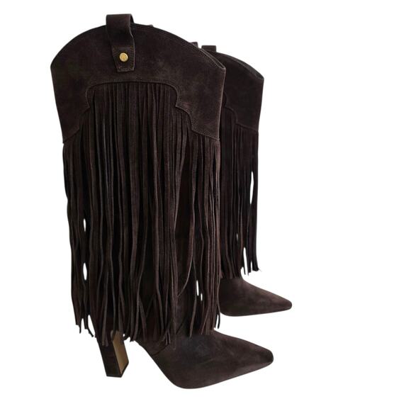 Vince Camuto Shela Size 8 Wide Calf Brown Tall Suede Leather Fringe Boots - Picture 1 of 11